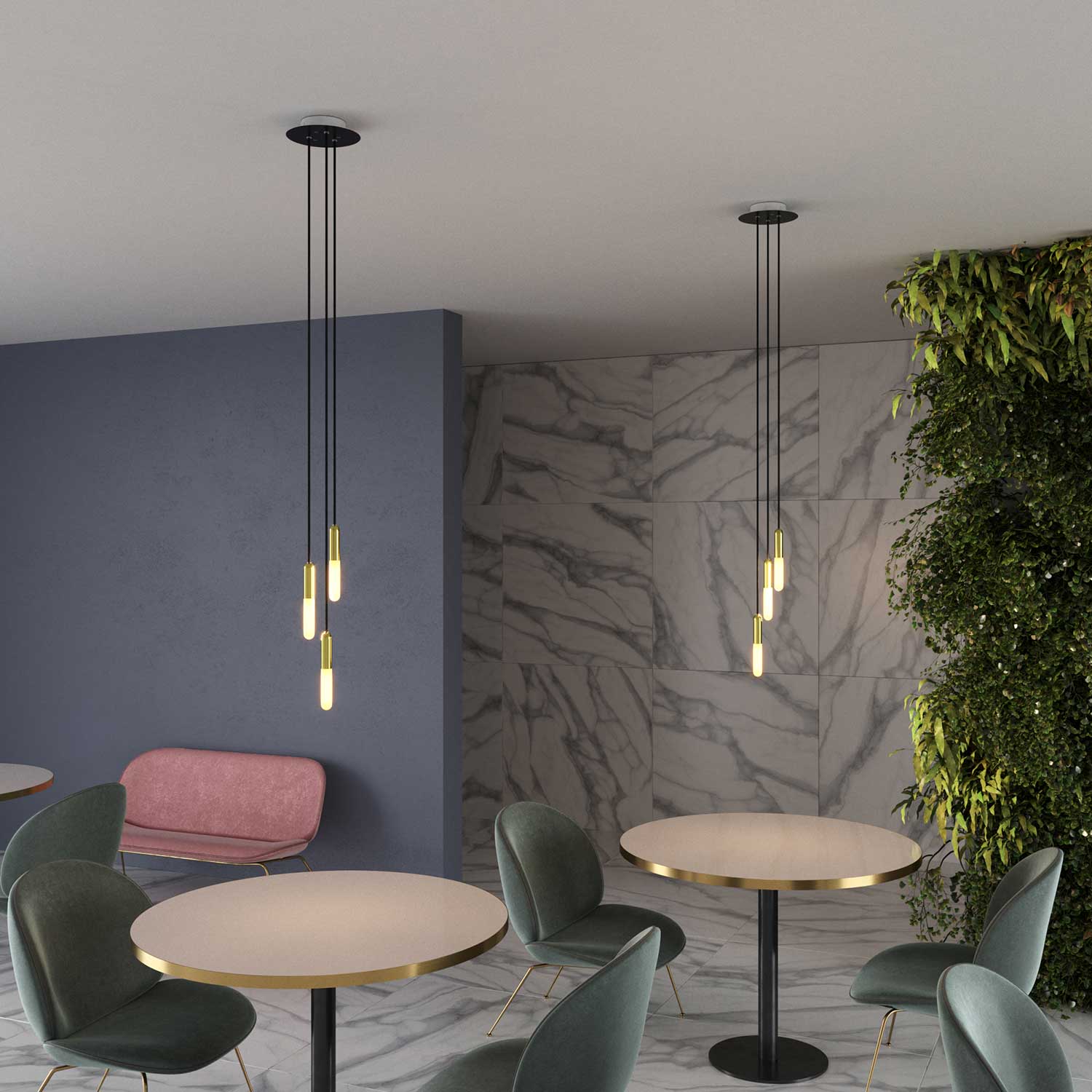 Sospensione a 3 cadute completa di P-Light e Rose-One 200mm - Ottone